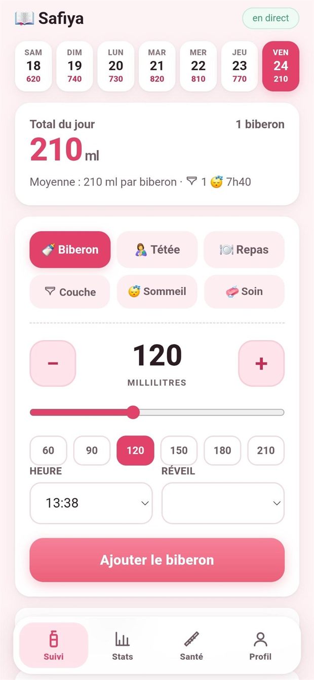 Écran de suivi quotidien de Carnet Bébé