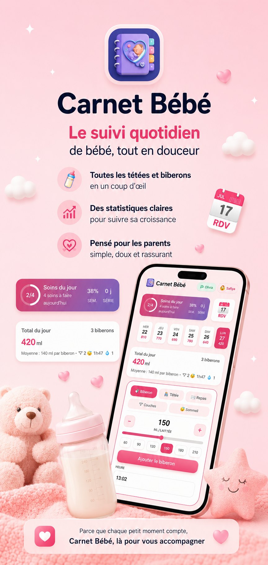 Carnet Bébé : le suivi quotidien de bébé, tout en douceur. Toutes les tétées et biberons en un coup d'œil, des statistiques claires, pensé pour les parents — simple, doux et rassurant.